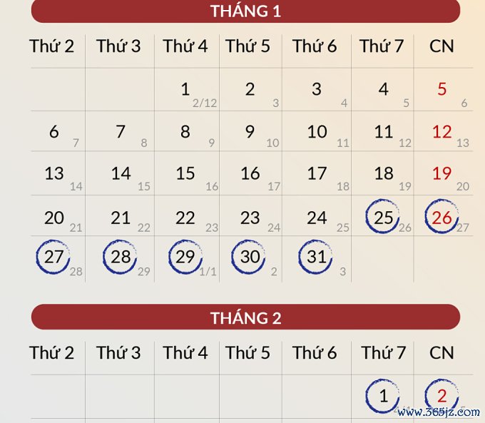 Lịch nghỉ Tết Ất Tỵ. Đồ họa: Đăng Hiếu