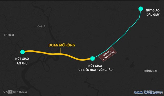 Đoạn cao tốc TP HCM - Long Thành dài 21 km cần được mở rộng. Đồ họa:Thanh Huyền